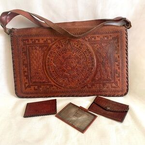 VINTAGE 1950s Hand Tooled Leather Satchel Purse Bag Mexico